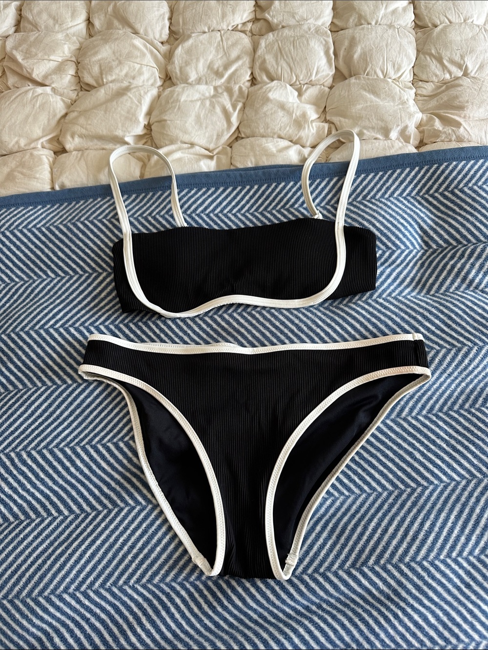 aerie Black Ribbed Bikini with White Trim